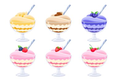 6 Ice cream desserts set in a glass bowl with a spoon. Strawberry ice cream, chocolate, banana, blueberry, blackberry, raspberry, cherry. Red, purple, pink, brown and yellow creams. Isolated on white