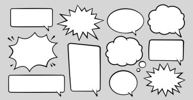 Pop sanat tarzında konuşma balonu, karalama konsepti, vektör ilüstrasyonu. Kabarcık, bulut, patlama, çerçeve. Gri arkaplanda çizgi roman biçimi tırnak çerçeveleri
