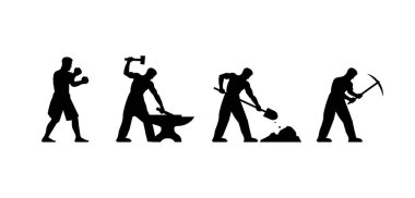 Ağır işçilik silüeti vektör çizimi. Resmedilmiş farklı meslekler. Spor, fiziksel iş gücü. Sıkı çalışma. Demirci, madenci, boksör, kazıcı. Erkek işi.