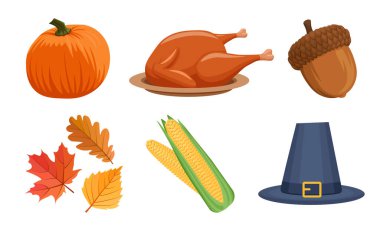 Şükran Günü, Vektör Kümesi 'ne bağlıdır. Sonbahar sembolleri koleksiyonu.