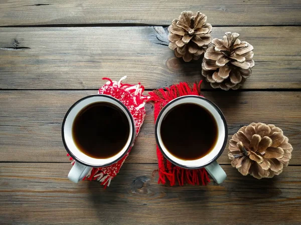 Sur Table Bois Trouvent Deux Tasses Americano Trois Cônes Confort — Photo