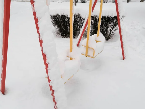 Swing Playground Covered Snow Frosty Winter Playground — стоковое фото