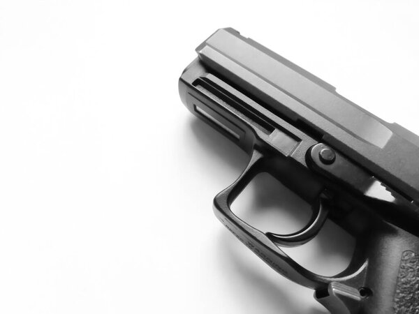 Modern semi-automatic pistol. For stalker games, training. Traumatic weapons. The gun is black on a white background.