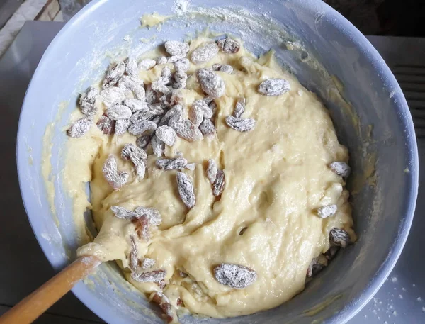 Raw Pasta Dough Raisins Kneading Dough Pastas Sticky Dough Stirred — стоковое фото