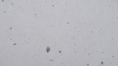 Kar yağıyor. Kameraya kar düşüyor. Bulutlu bir gökyüzüne karşı kar. Kar yağıyor. Kar taneleri yere düşüyor. Kış. İlk kış karı.