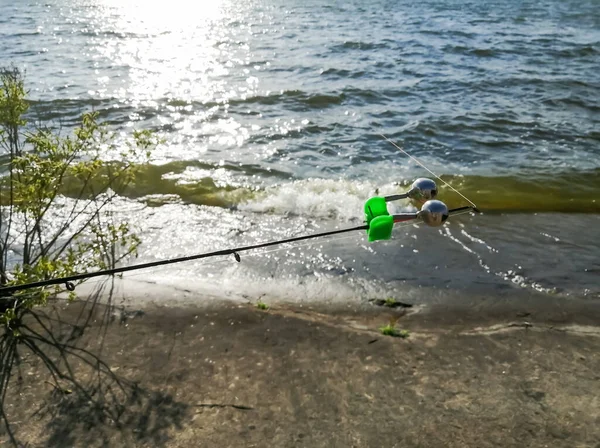 Fim Cana Pesca Que Sinos Estão Ligados Sinos Para Alertá — Fotografia de Stock