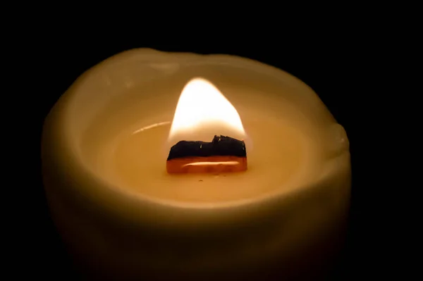 Close Burning Candle Candle Burns Dark Room Black Background Candle — Stock Photo, Image
