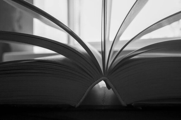 Open book. A close note of the book is the graininess in the photo. Black and white photo of the open book. Against the Light. The leaves of the book stick up.