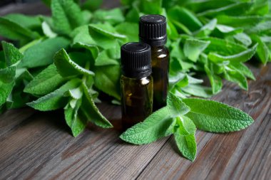 İki siyah şişeyle ahşap bir masanın üzerindeki nane yaprakları. İki şişe efir yağı. Butillochki 'de romatik yağ. Evet minti..