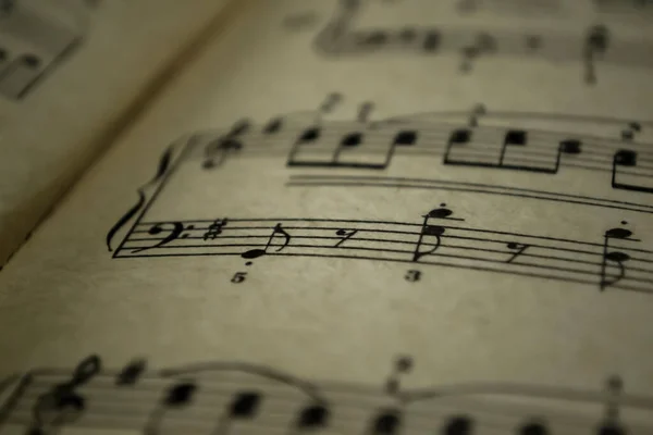 旧的音符 音乐笔记本的节选 美丽的乐谱低音和小提琴剪子 书页中的乐谱 — 图库照片
