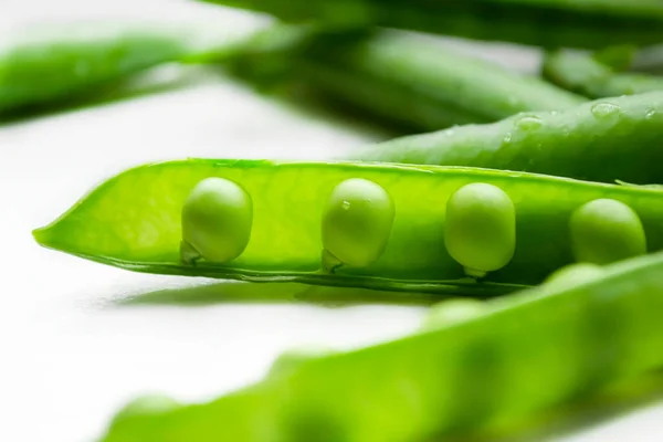 Macro Photography Pea Pod Green Peas White Background Polka Dots —  Fotos de Stock