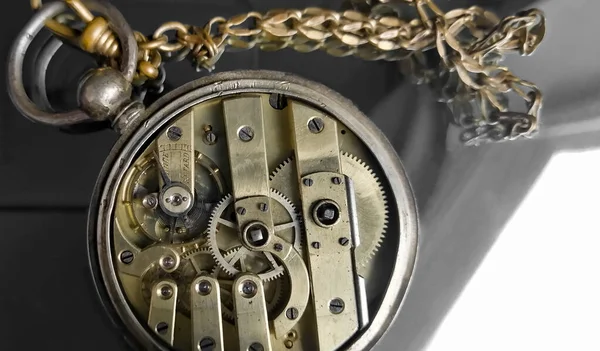 Gears in old watches. Composition of pocket watches. The movement of the hand watch. Gears inside an old clock.