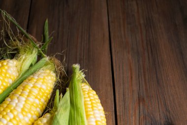 On a wooden background in the corner lie cobs of corn. Cob tails in the bottom corner of the photo. Variety RAkel with yellow and white grains.