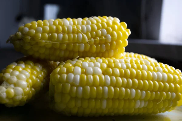 Sweet Corn Raquel Variety Cooking Cooked Heads Corn Gray Background — Stock Fotó