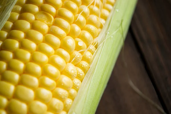 Corn Grains Cob Close Head Corn Close Wooden Table Corn — Stock Photo, Image