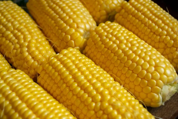 Yellow Cobs Corn Cooking Yellow Corn Lies Two Rows Young — Stock Fotó