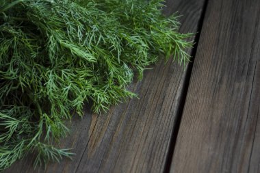 Tahta bir masada yeşil dereotu. Masada bir demet yeşil dereotu var. Kahverengi üzerine yeşil.