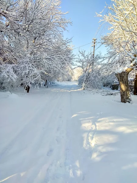 Mañana Soleada Invierno Paisaje Invernal Pueblo Foto Vertical Pueblo Nieve — Foto de Stock