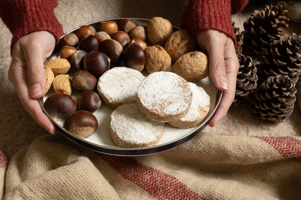 Unrecognizable Woman Offering Tray Polvorones Copy Space — Stock Photo, Image