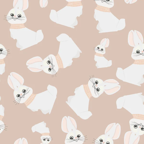 Seamless Pattern White Cute Bunnies Beige Background Scarves Hearts — Stockvektor