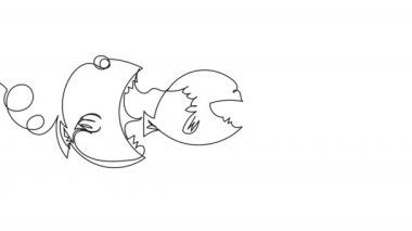 Büyük balık küçük olanı yer. Kendini çizen pazarlama besin zinciri. Beyaz arka planda tek bir çizgi olan hiyerarşi animasyonu. Tahta ve sunum için 4k stok videosu.