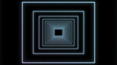 Uçsuz bucaksız bir tünelde uçmak. Neon kareler siyah bir arkaplanda döngü halinde 3 boyutlu uzayda. Geometrik şekillerin soyutlanmasıyla oluşan animasyon. 4k stok video.