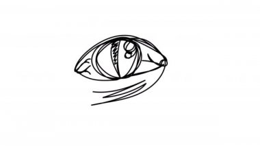 Beyaz arka plana bir çizgi cadı gözü çiziyor. Başarısızlık taşıyan sinsi bir yan bakış. Damarları ve dikey gözbebeğiyle bir cadının gözünü çizmenin animasyonu. Cadılar Bayramı hareket ögesi.