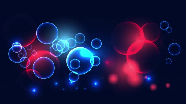 多色の移動粒子 青と赤の光る粒子を持つボケ ネオンサークルと4Kアニメーション ループ抽象ビデオ — ストック動画
