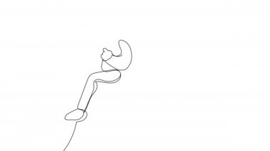 Dağda kendi kendini çizen bir adam. Beyaz arka planda bir çizginin üstüne tırmanan. Stock 4K gezgin animasyonu. Turizm, motivasyon, iş ve finans konulu sunumun eklenmesi için klip