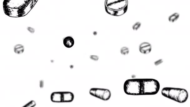 空気中に浮く丸薬 薬で4Kアニメーション サプリメントとパララックスの背景 3D空間で錠剤を手描き アルファチャンネル付きのストックビデオ — ストック動画