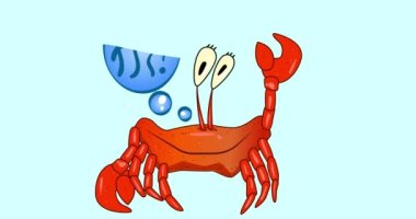 Komik kırmızı yengeç. Neşeli yengeç pençelerini sallıyor ve gülümsüyor. Çizgi film karakteri 4K animasyonuna hoş geldiniz. Alfa kanallı stok videosu. Baş baloncuğu. Selam.!.