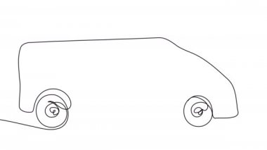 Tekerlekli sandalyede kendi kendini çiziyor. 4K animasyonu. Minibüsün görüntüsü. Turizm, ulaşım, seyahat, ticaret, aile tatili videoları. Fast food teslimatı.