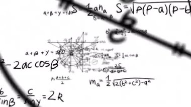 Geometrik formüller ve şekillerle hareketin animasyonu. Matematiksel hesaplamalarla 4k animasyon. Bilgisayar etkinliğinin etkisi için video. El yazısı. Alfa kanalı. Saniyeye 60 kare.