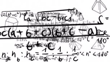 Karmaşık matematiksel hesaplamalar. Geometrik formüllerin 4k animasyonu. Okul notları elle yazılmış. Alfa kanallı stok videosu.