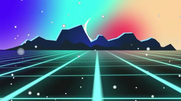 Retro Futurystyczny Horyzont Neonowa Droga Skałami Geometrycznymi Nowoczesny Krajobraz Stylu — Wideo stockowe