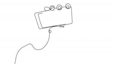 Kendi çizgisi olan, beyaz arka planda akıllı telefonu olan ciddi bir adam. Alet ekranı gösteren bir kişinin sürekli çizimi. Alfa kanallı 4k video beyaz tahtası.