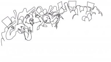 Beyaz ekranda tek sıra halinde büyük protesto animasyonu. Kötü insanlar afişler ve sloganlarla ortaya çıktı. Kitle politikadan memnun değil. Bir isyanın 4K stok videosu. Futbol taraftarlarının kontrolsüz yürüyüşü.