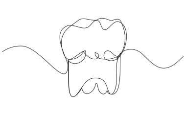 Beyaz arka planda tek bir çizgide basit bir diş. Tıbbi bir site için dişçilik ve diş sağlığı sembolü. Temiz bir ağzın önemi. Sunum ve izah edici için tıbbi çizimler.