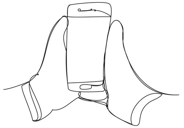 Una Linea Smartphone Nelle Mani Uno Sfondo Bianco Linea Arte — Vettoriale Stock