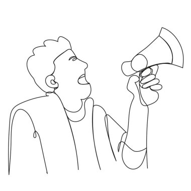 Adam beyaz arka planda bir çizgi ile çizilmiş bir megafona bağırıyor. Hoparlör aktivisti. Hareketin lideri. Düzenlenebilir taslaklı vektör illüstrasyonu. Bir konuşmacının stok resmi.