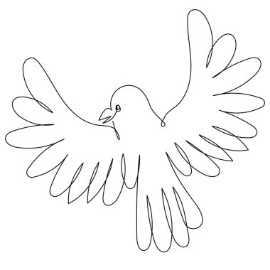 Uçan güvercin, beyaz izolasyon üzerinde kesintisiz bir çizgi çiziyor. Basit bir karalama tarzında, tek hatlı şirin bir kuş. Dikiz görünümlü bir uçuşun vektör görüntüsü.