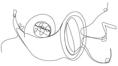 Beyaz arka planda bir satır müzikal trompet. Eski bir pirinç enstrüman notalarla ses çıkarıyor. Çınlayan boynuzlu stok vektör illüstrasyonu.