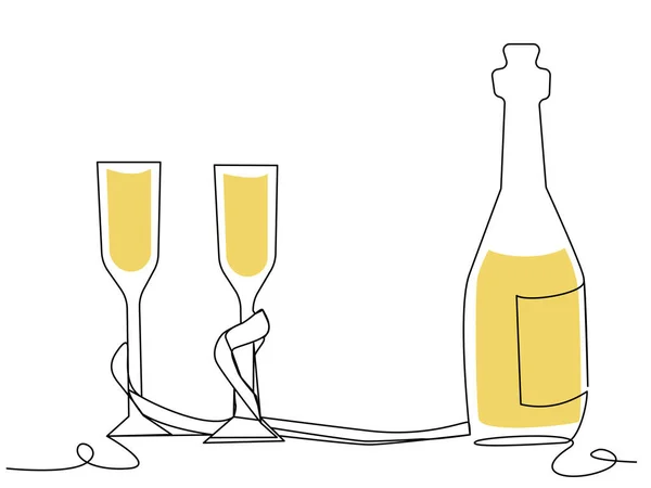 Illustrazione Festiva Con Bicchieri Una Bottiglia Champagne Una Riga Con — Vettoriale Stock