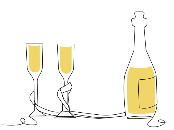 Illustrazione Festiva Con Bicchieri Una Bottiglia Champagne Una Riga Con — Vettoriale Stock