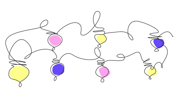 Иллюстрация Каракулями Разноцветной Гирляндой Одной Линии Черные Линейные Счета Лампочками — стоковый вектор