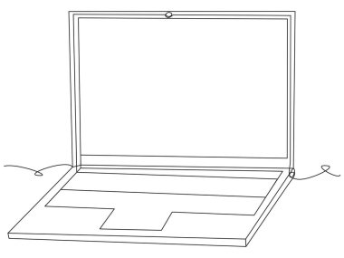 Beyaz arka planda bir satır dizüstü bilgisayar. Bir bilgisayarın basit soyut hatları. Uzaktan çalışma, serbest çalışma, internet iş sembolü. Geniş ekran ve metin için yeri olan bir cihaz. Vektör dizüstü.