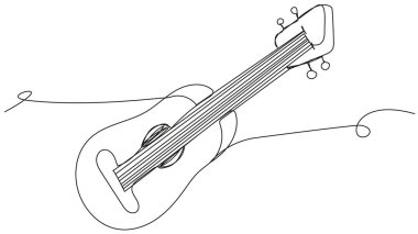Beyaz arka planda bir satırda soyut gitar. Telli bir müzik enstrümanının temsili. Online gitar dersleri, duygulu senfoni konseri, ozan şarkısı.