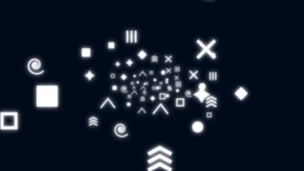 Animace letu smyčkou přes bílé geometrické ikony neonu. — Stock video