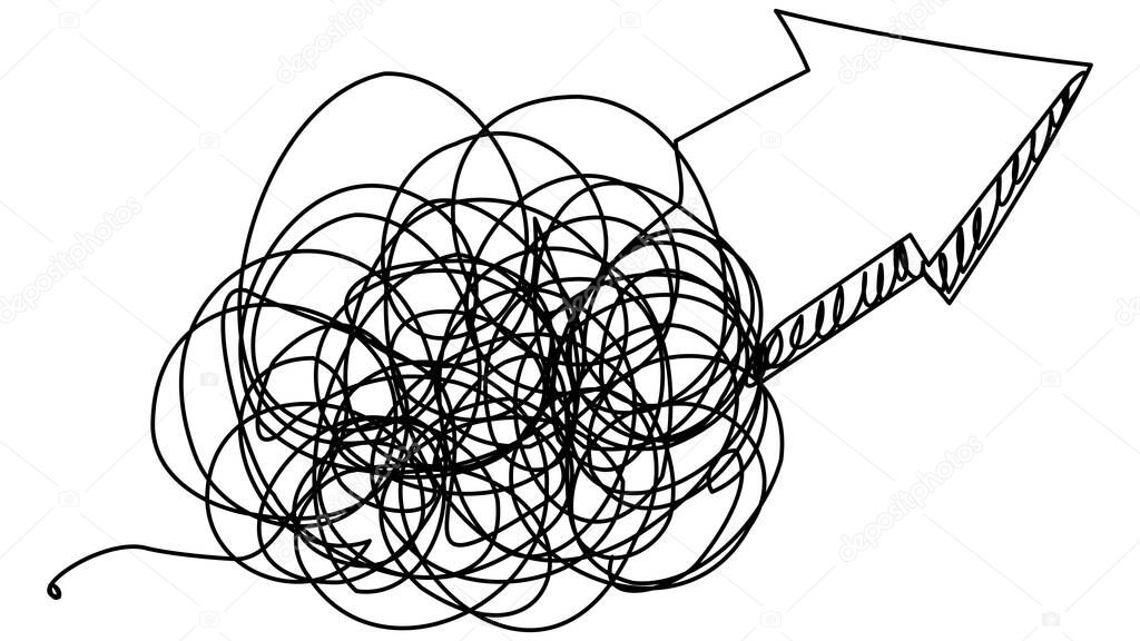 A large arrow growing from a tangled ball on a white background. Vector illustration of growth indicator in one line. Stock illustration of the concept of creating a successful startup, business.