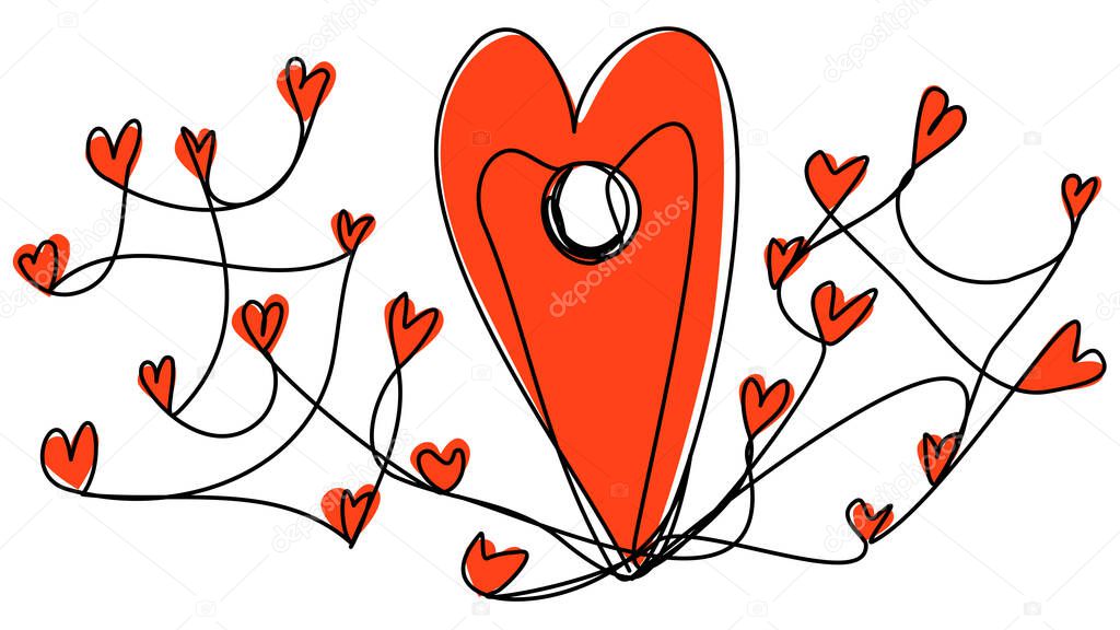 Geo stamp in the shape of a heart in one line with a red silhouette. The concept of finding love, dating apps, matching love interests. Vector element for the design of postcards for Valentine's Day.